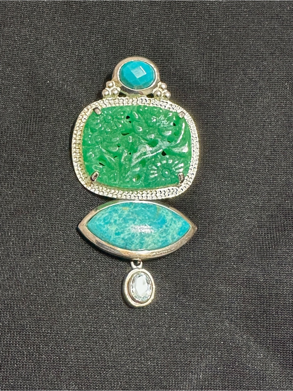 Amy Kahn Russell Carved Jade Turquoise Brooch/Pendant w/ Topaz